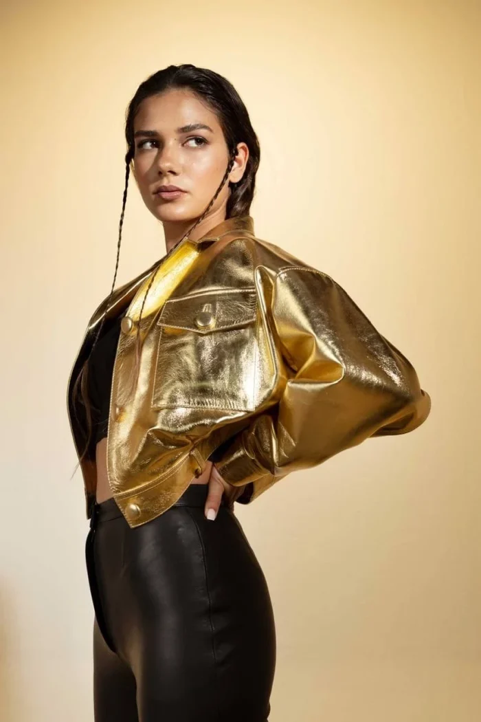 Womens Gold Metallic Leather Belted Cropped Jacket women wearing posing