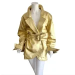 Womens Gold Metallic Leather Belted Trench Coat