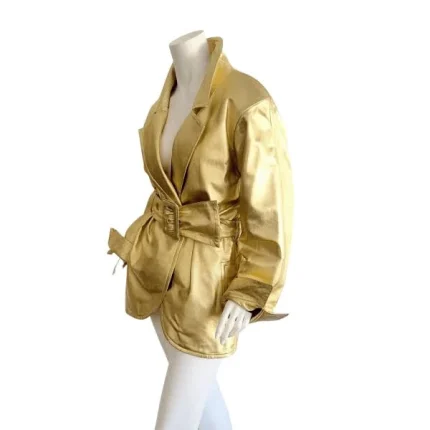 Womens Gold Metallic Leather Belted Trench Coat 22
