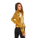Womens Gold Metallic Leather Biker Jacket Classic Moto Style back side