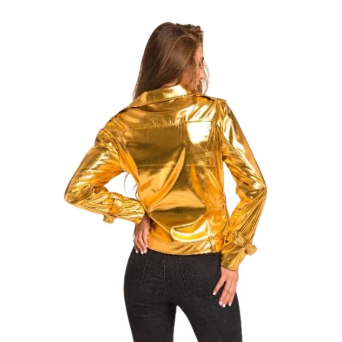 Womens Gold Metallic Leather Biker Jacket Classic Moto Style back