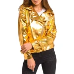 Womens Gold Metallic Leather Biker Jacket Classic Moto Style