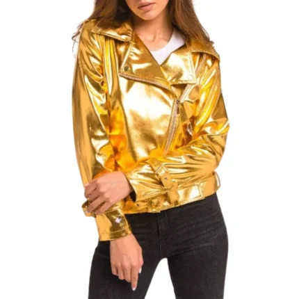 Womens Gold Metallic Leather Biker Jacket Classic Moto Style
