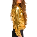 Womens Gold Metallic Leather Biker Jacket Classic Moto Style side arm