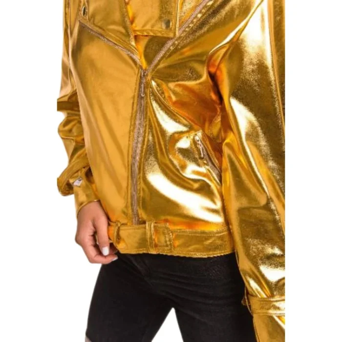 Womens Gold Metallic Leather Biker Jacket Classic Moto Style zip