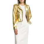 Womens Gold Metallic Leather Biker Jacket Cropped Moto Style 22
