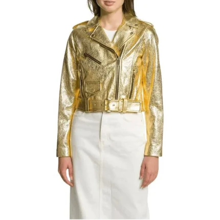 Womens Gold Metallic Leather Biker Jacket Cropped Moto Style