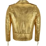 Womens Gold Metallic Leather Biker Jacket Slim Fit Moto Style back side
