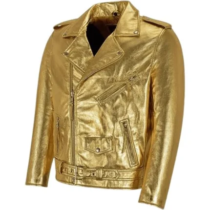 Womens Gold Metallic Leather Biker Jacket Slim Fit Moto Style