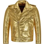 Womens Gold Metallic Leather Biker Jacket Slim Fit Moto Style 22