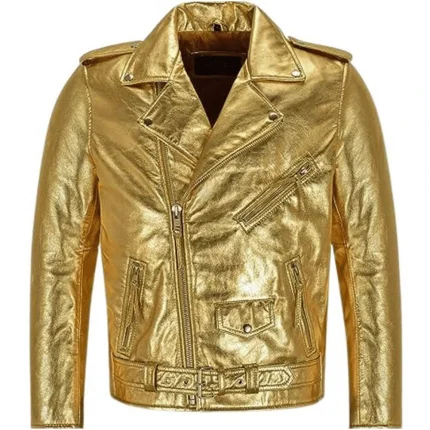 Womens Gold Metallic Leather Biker Jacket Slim Fit Moto Style 22