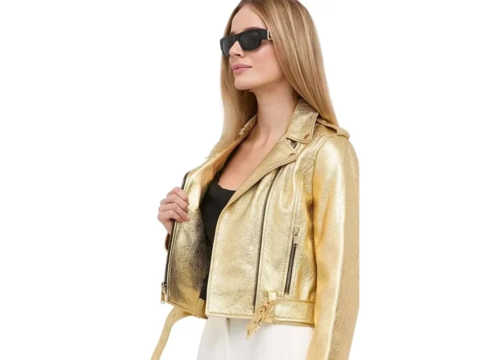 Womens Gold Metallic Leather Biker Jacket ya Cropped Gold Moto Jacket front