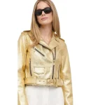 Womens Gold Metallic Leather Biker Jacket ya Cropped Gold Moto Jacket