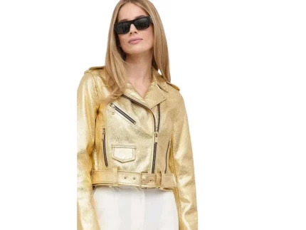 Womens Gold Metallic Leather Biker Jacket ya Cropped Gold Moto Jacket