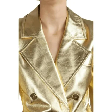 Womens Gold Metallic Leather Blazer Double Breasted Style collar