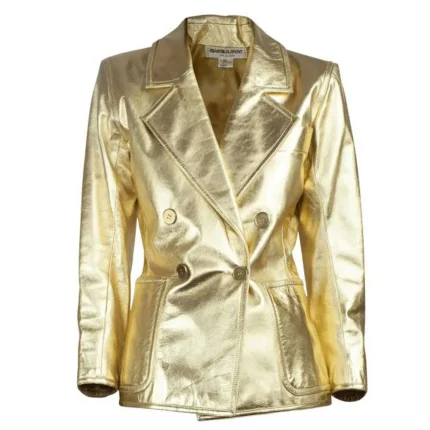 Womens Gold Metallic Leather Blazer Double Breasted Style