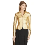 Womens Gold Metallic Leather Peplum Blazer Jacket modal wearing