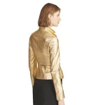 Womens Gold Metallic Leather Peplum Blazer Jacket back