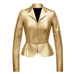 Womens Gold Metallic Leather Peplum Blazer Jacket