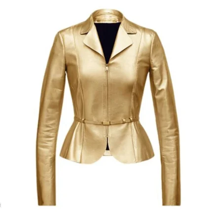 Womens Gold Metallic Leather Peplum Blazer Jacket