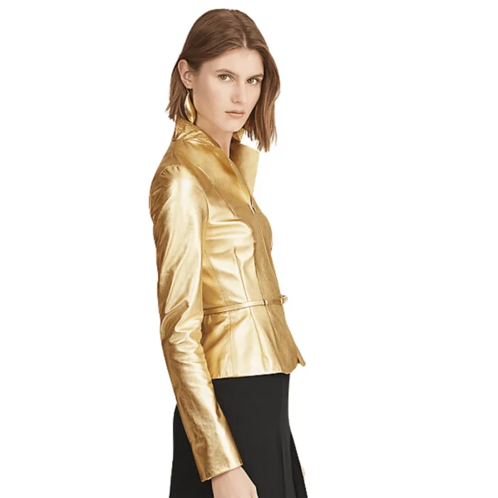 Womens Gold Metallic Leather Peplum Blazer Jacket side