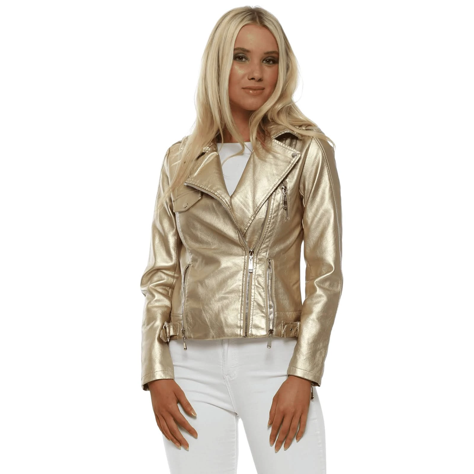 Womens Gold Metallic Leather Slim Fit Biker Jacket (1) Womens Gold Metallic Leather Slim Fit Biker Jacket front pose