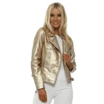 Womens Gold Metallic Leather Slim Fit Biker Jacket main