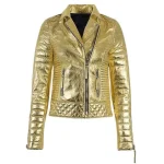 Womens Gold Metallic Quilted Leather Biker Jacket