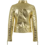 Womens Gold Metallic Quilted Leather Biker Jacket back