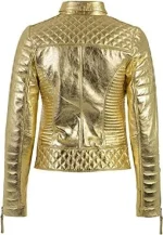 Womens Gold Metallic Quilted Leather Biker Jacket back