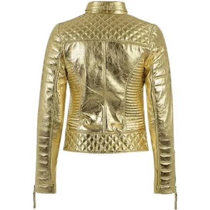 Womens Gold Metallic Quilted Leather Biker Jacket back
