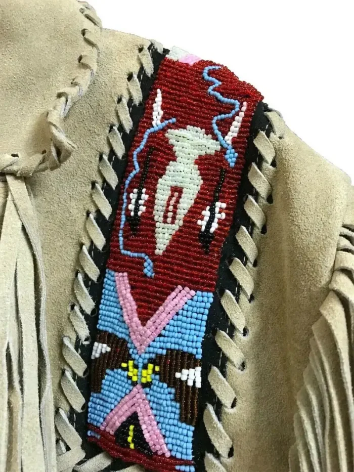 Western Beaded Suede Fringe Leather jacket - Cream - Image 3