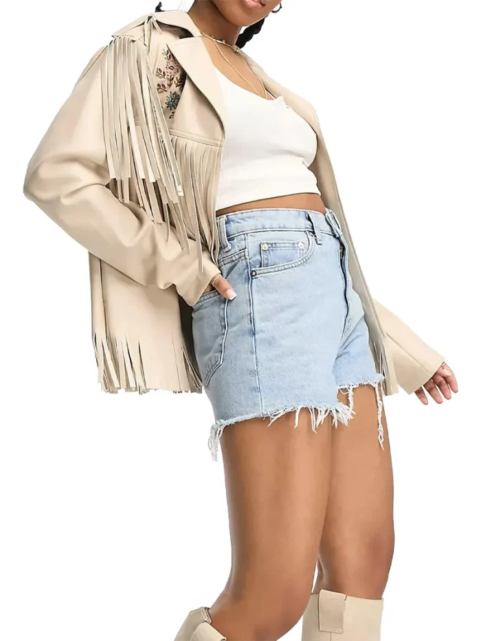 Women embroidered fringe leather jacket - Image 4