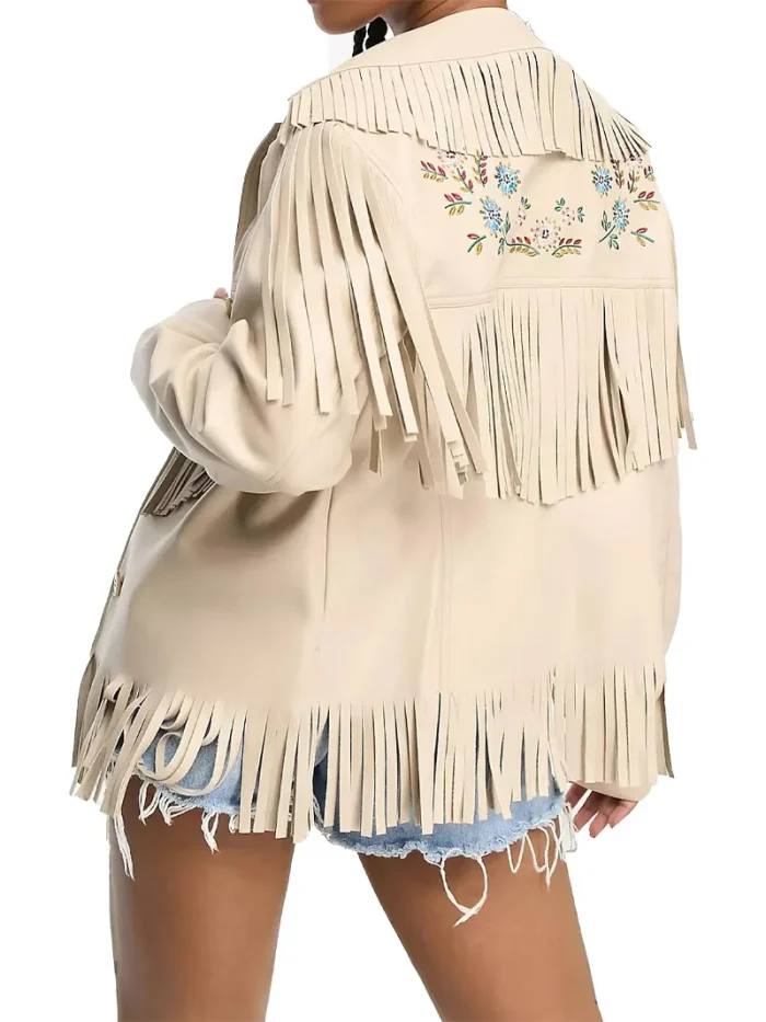 Women embroidered fringe leather jacket - Image 2
