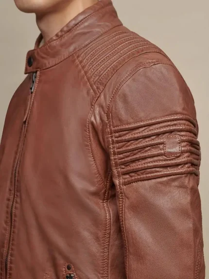 Brown Fitted Motorcycle Sheepskin Leather Jacket arm