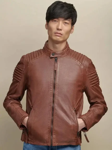 Brown Fitted Motorcycle Sheepskin Leather Jacket