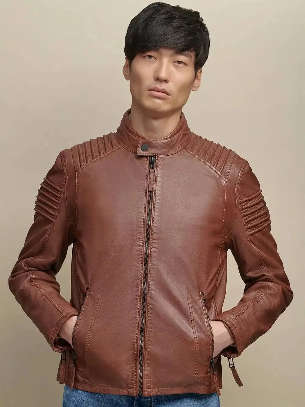 Brown Fitted Motorcycle Sheepskin Leather Jacket Brown Fitted Motorcycle Sheepskin Leather Jacket