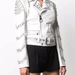 Luxury White Studded Leather Biker Jacket for Women