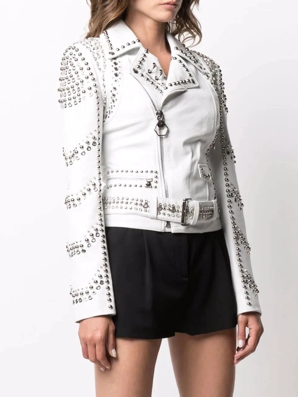 Luxury White Studded Leather Biker Jacket for Women (1) Luxury White Studded Leather Biker Jacket for Women