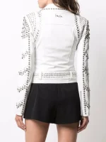 Luxury White Studded Leather Biker Jacket for Women back