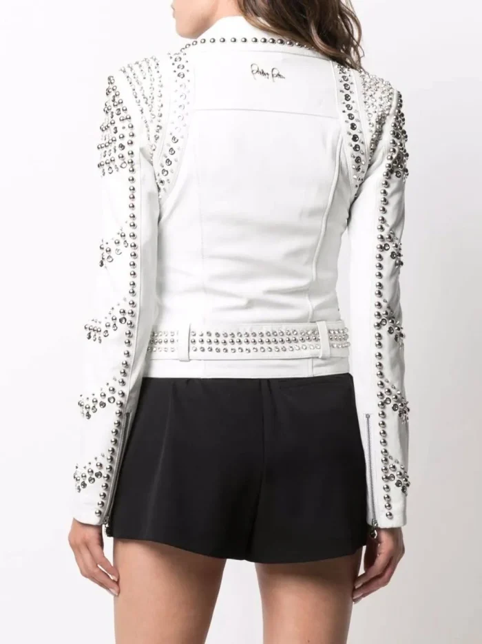 Luxury White Studded Leather Biker Jacket for Women back