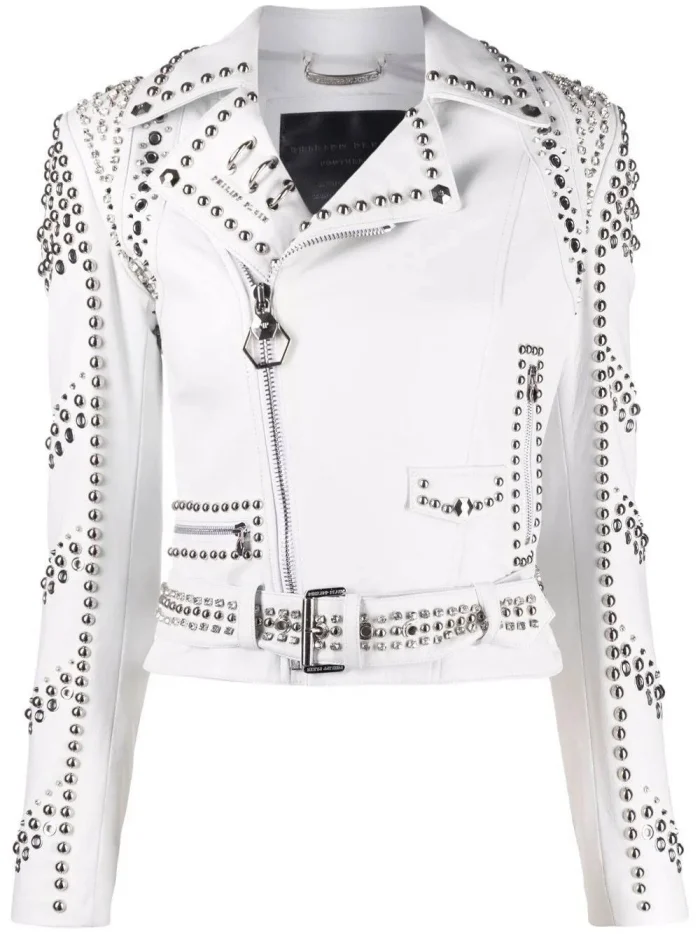 Luxury White Studded Leather Biker Jacket for Women front