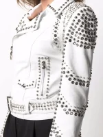 Luxury White Studded Leather Biker Jacket for Women arm