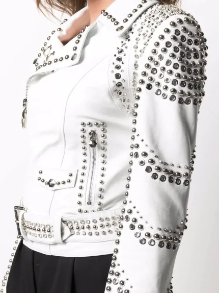 Luxury White Studded Leather Biker Jacket for Women arm