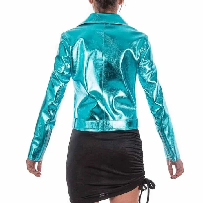 Turquoise Dream Womens Metallic Leather Jacket back