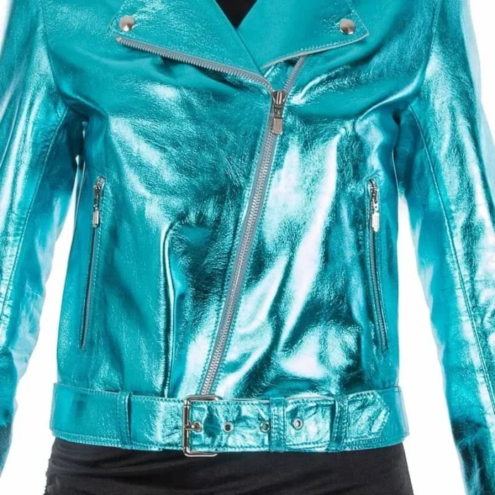 Turquoise Dream Womens Metallic Leather Jacket chest
