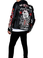 Black Leather Graffiti Print Biker Jacket - Image 4