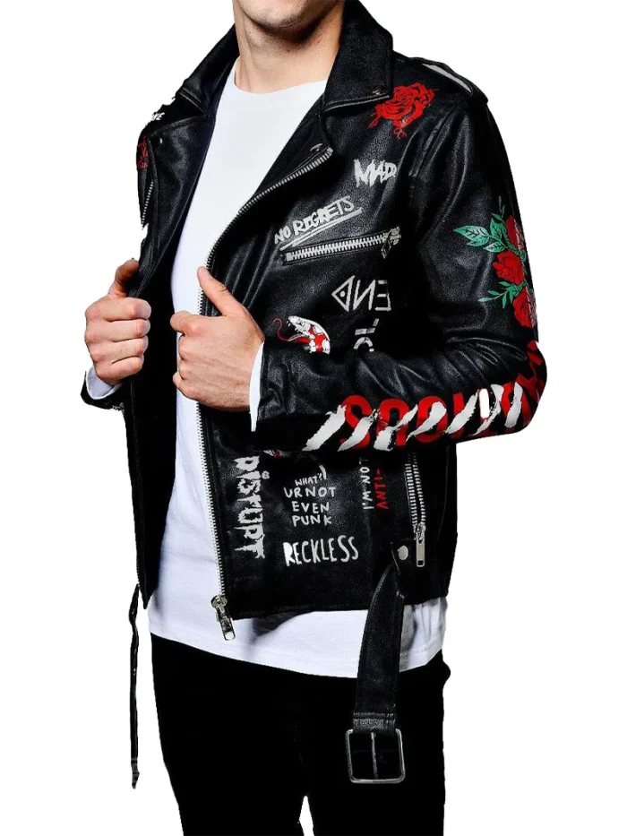 Black Leather Graffiti Print Biker Jacket - Image 3