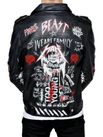Black Leather Graffiti Print Biker Jacket back side