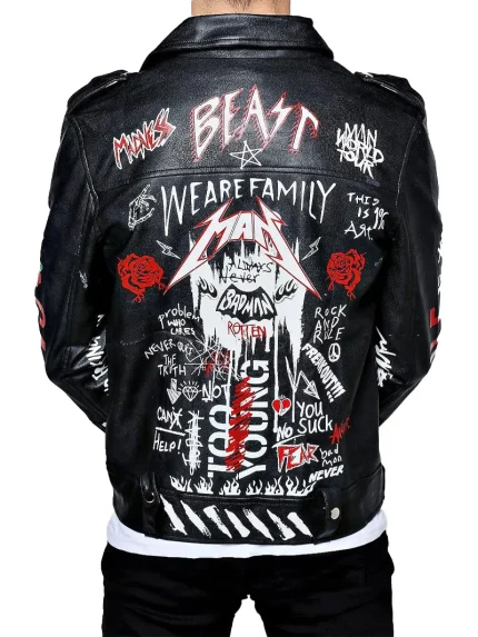Black Leather Graffiti Print Biker Jacket back side